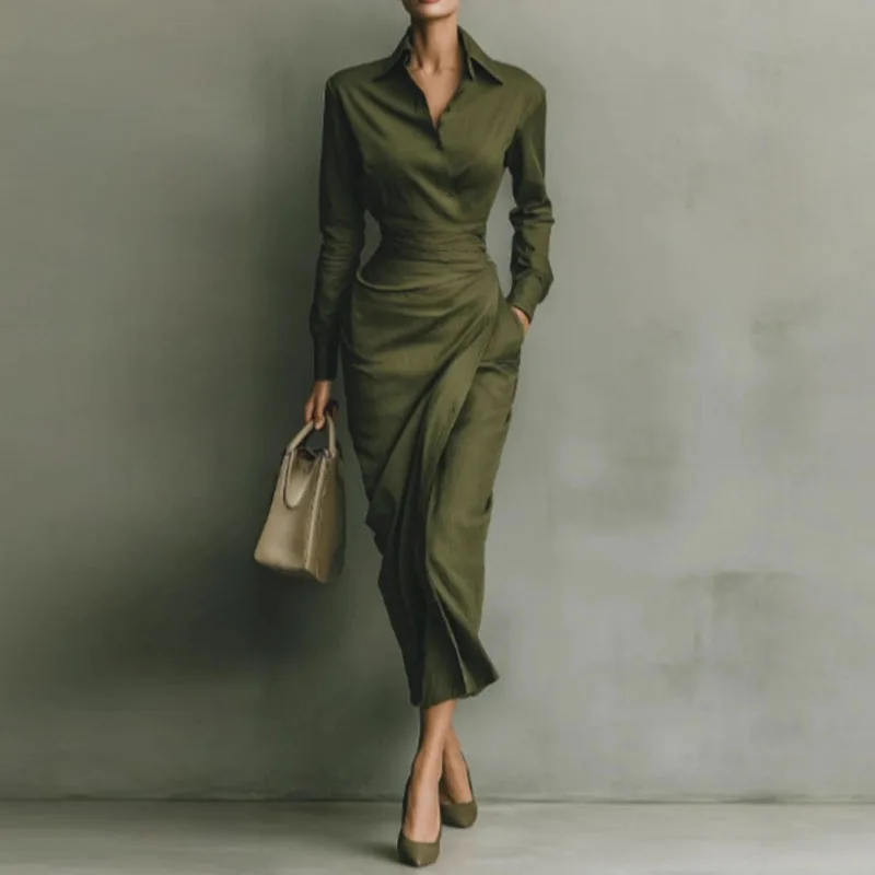 Elegant Dress Spring Polo Collar Button High Waist Slim - Image 5