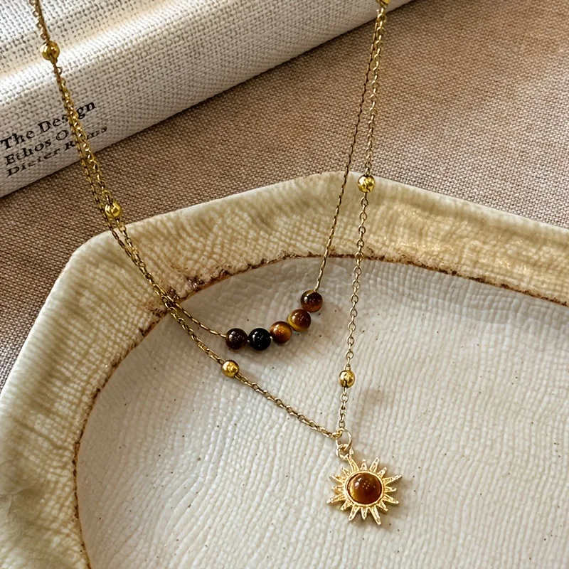 Tiger Eye Layered Necklace Gold-Tone Alloy, Natural Tiger Eye Beads, Sun Pendant - Image 3