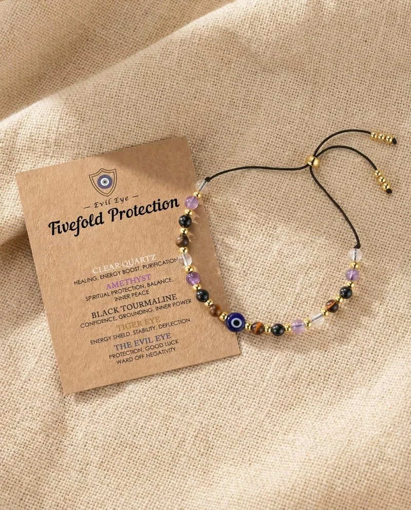 Evil Eye Dainty Natural Crystal Protection Bracelet 5 Healing Stones Clear Quartz Amethyst Tiger Eye Spiritual Guardian Jewelry - Image 4
