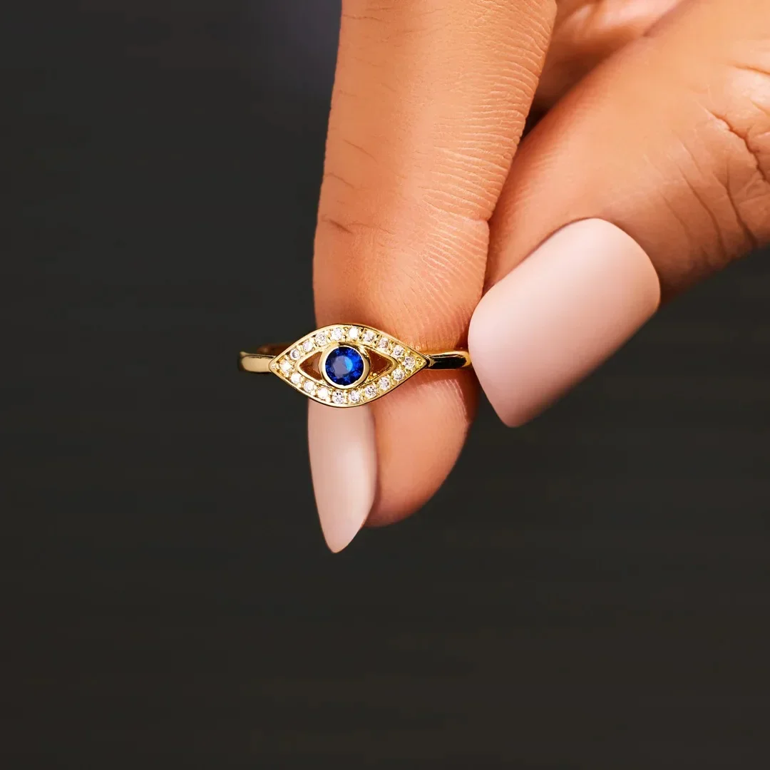 Evil Eye Protection Ring 14k Gold Plating Blue Shining Zirconia Spiritual Turkish Rings