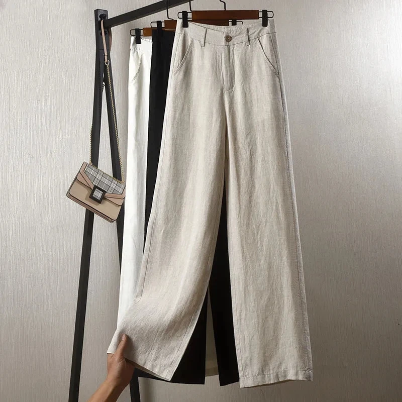 Straight High Waist Wild Wide Leg Linen Pants