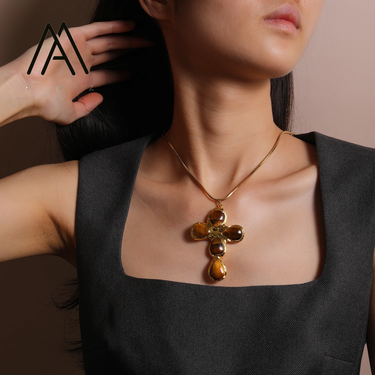Tigers Eye Cross Pendant Necklace Vintage Jewelry 18K Gold-Plated Chain Natural Cats Eye Stone - Image 6