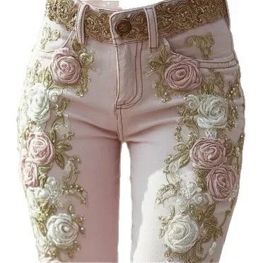 Retro Pink Rose embroidery art print jeans with elegant temperament - Image 3