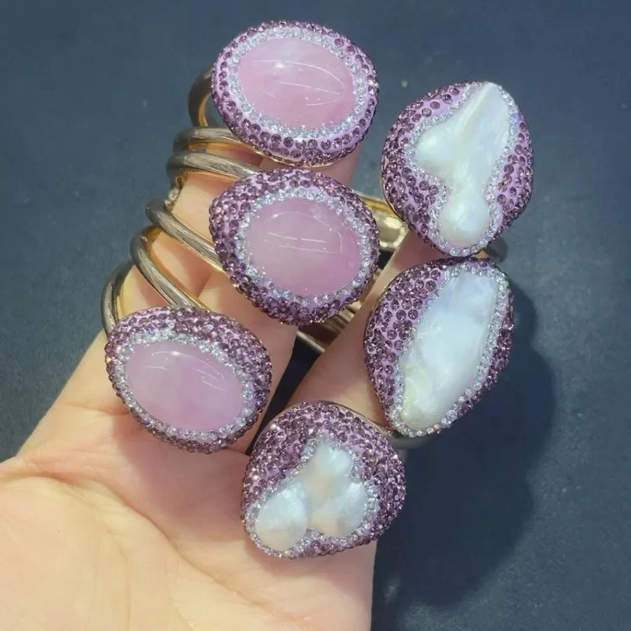 Natural Baroque Pearl Bangle for Women Raw Pink Crystal with Rhinestone Golden Energy Bracelets Birthstone Party Gift Jewelry - Image 2