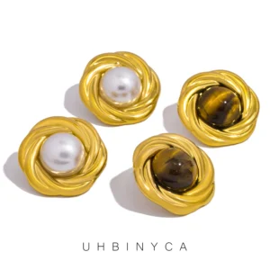 Natural Tiger's-eye Stone Stainless Steel Golden Stud Earrings 18k Plated Waterproof