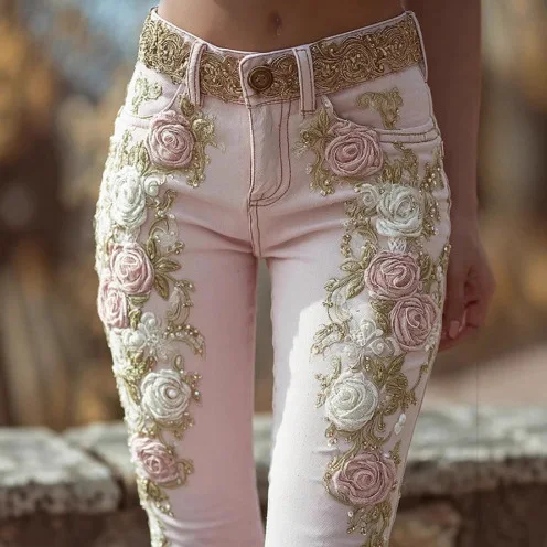 Retro Pink Rose embroidery art print jeans with elegant temperament - Image 2