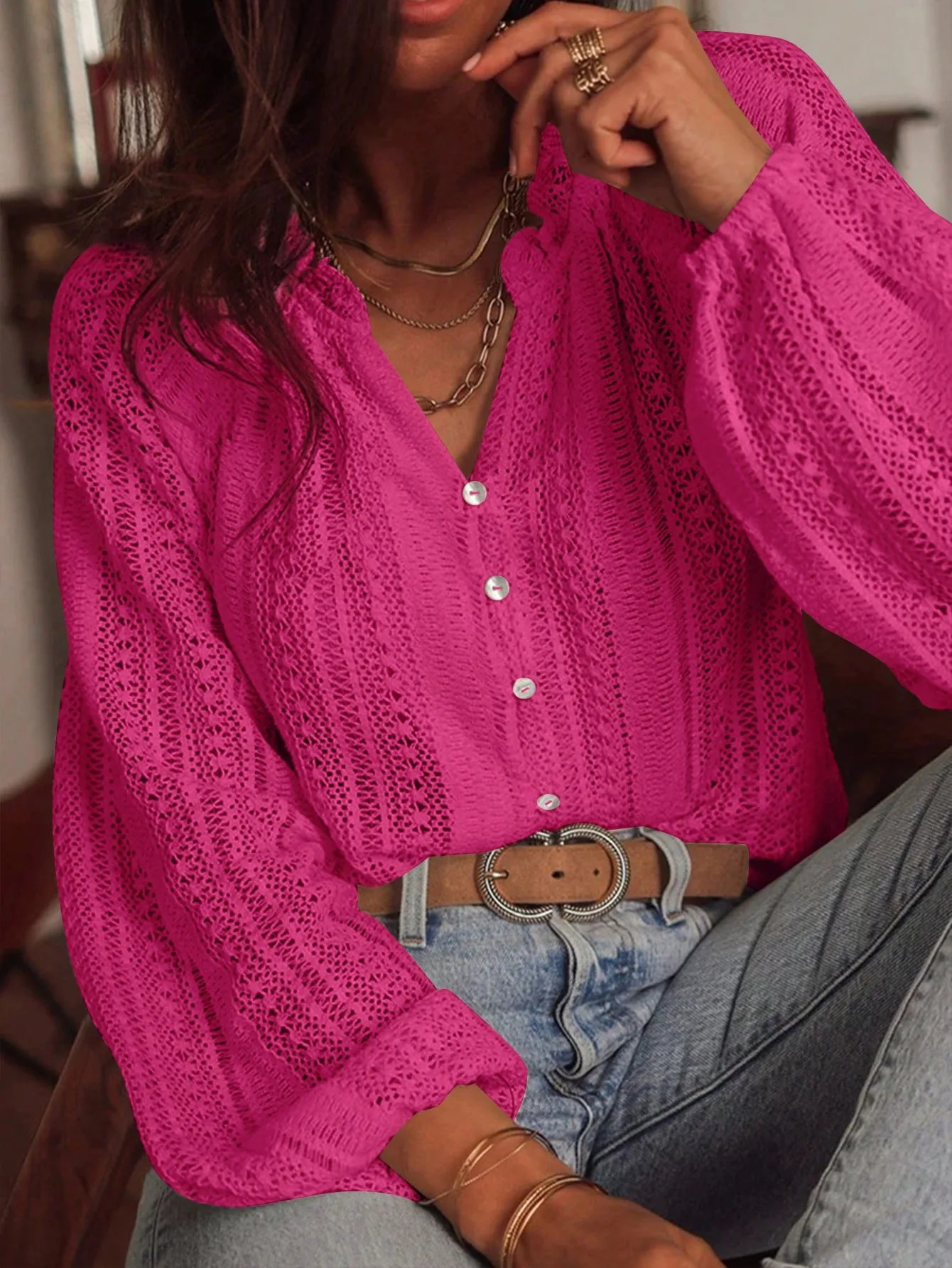 Spring And Autumn Loose Fashion Simple All-Match Hollow Lace V-neck - Image 9