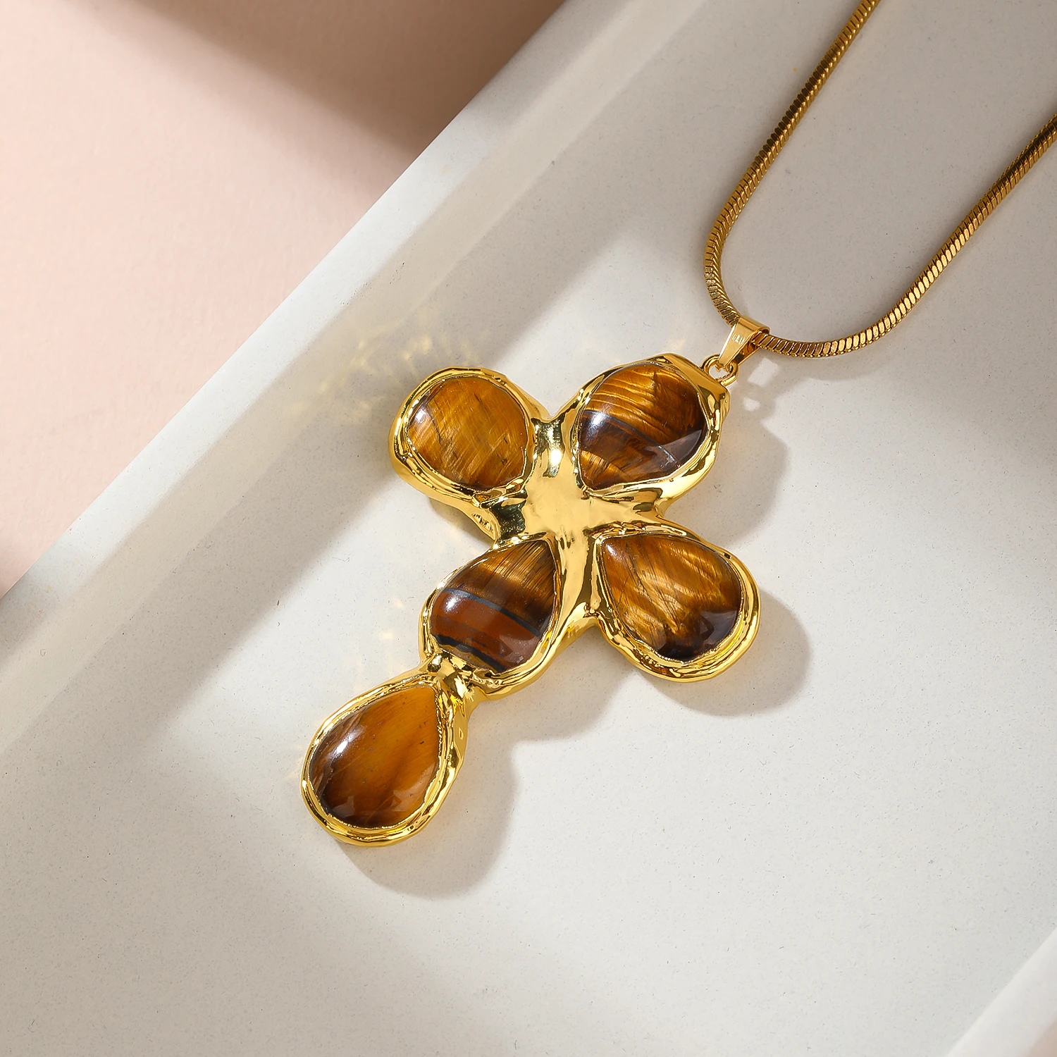 Tigers Eye Cross Pendant Necklace Vintage Jewelry 18K Gold-Plated Chain Natural Cats Eye Stone - Image 7