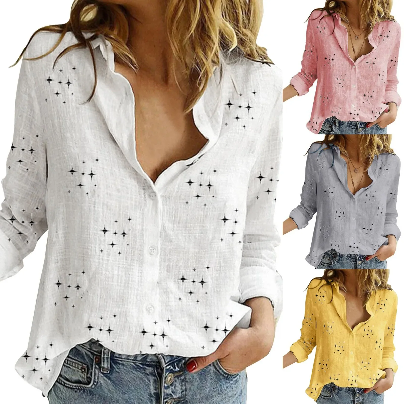 Long Sleeve Linen Tops Cotton Casual V Neck - Image 3