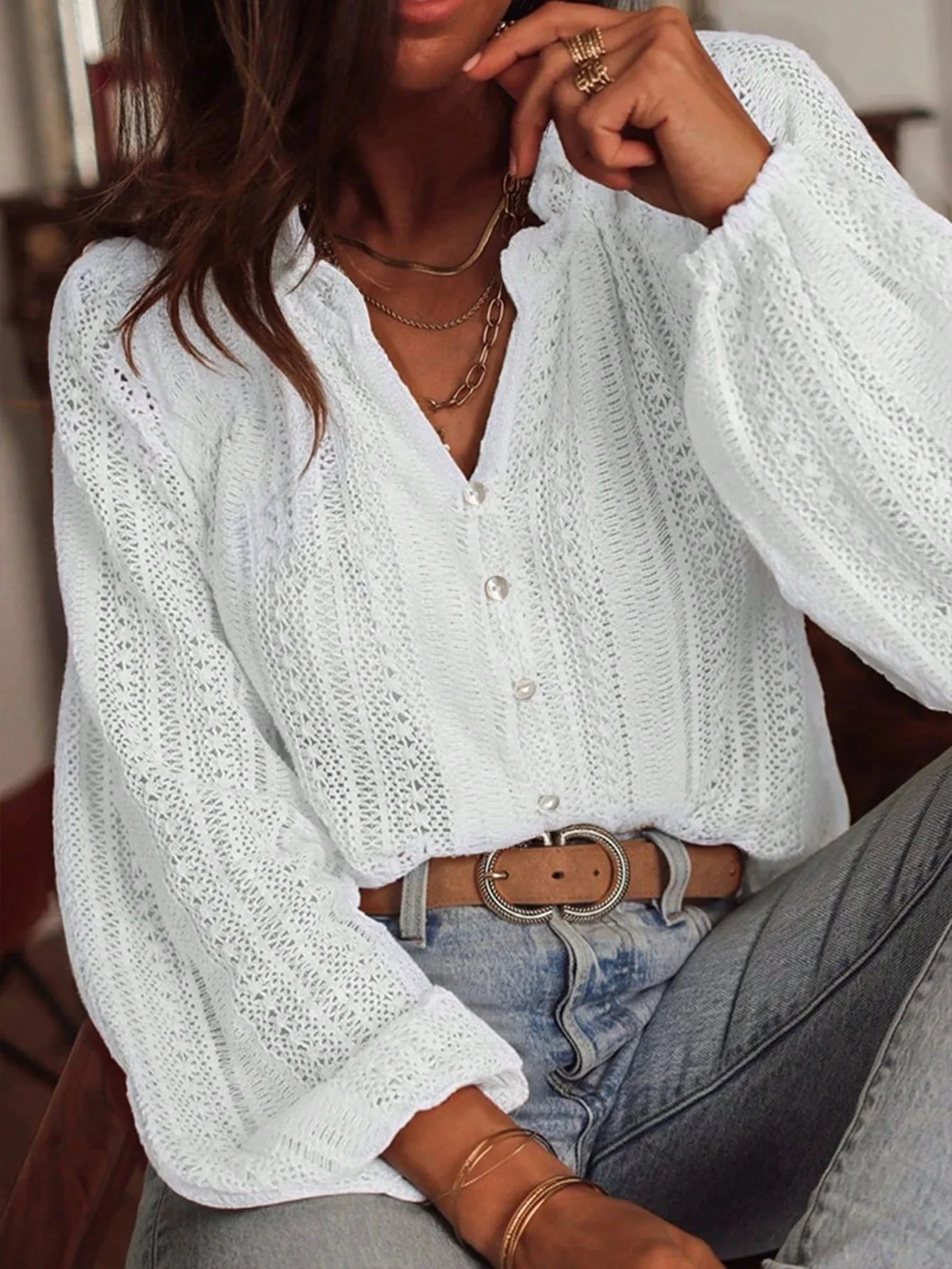 Spring And Autumn Loose Fashion Simple All-Match Hollow Lace V-neck - Image 7