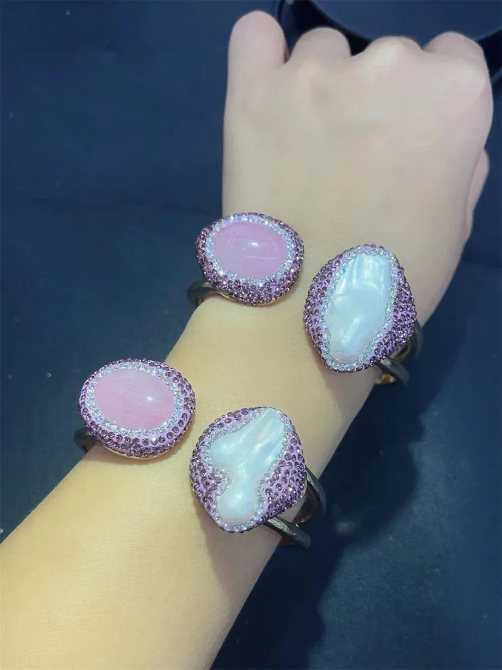 Natural Baroque Pearl Bangle for Women Raw Pink Crystal with Rhinestone Golden Energy Bracelets Birthstone Party Gift Jewelry - Image 3