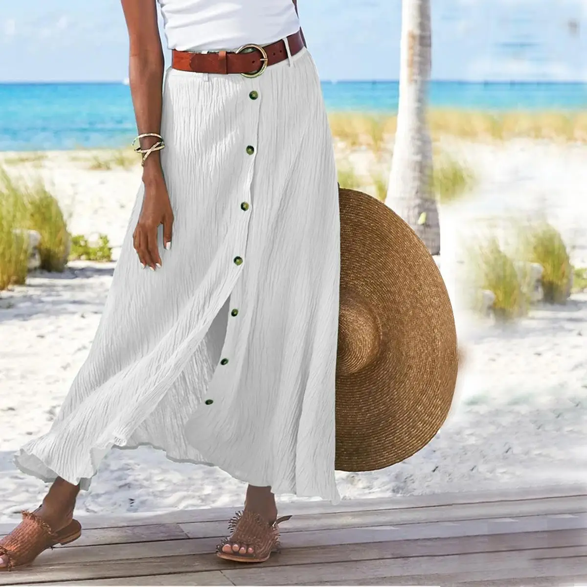 Casual Cotton And Linen Solid Color Buttons Skirt Split A- Line Hip Waist Long Skirt - Image 4