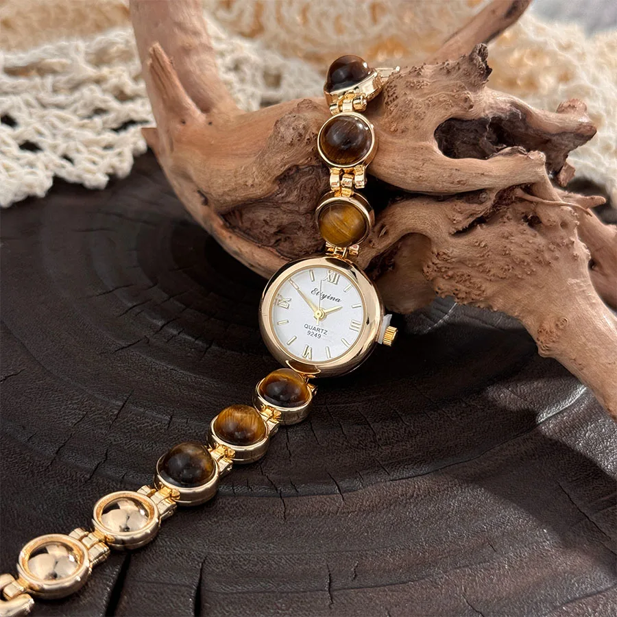 Gold-Hued Women's Watch Featuring Tiger's Eye and Chalcedony Gem Accents - Image 4