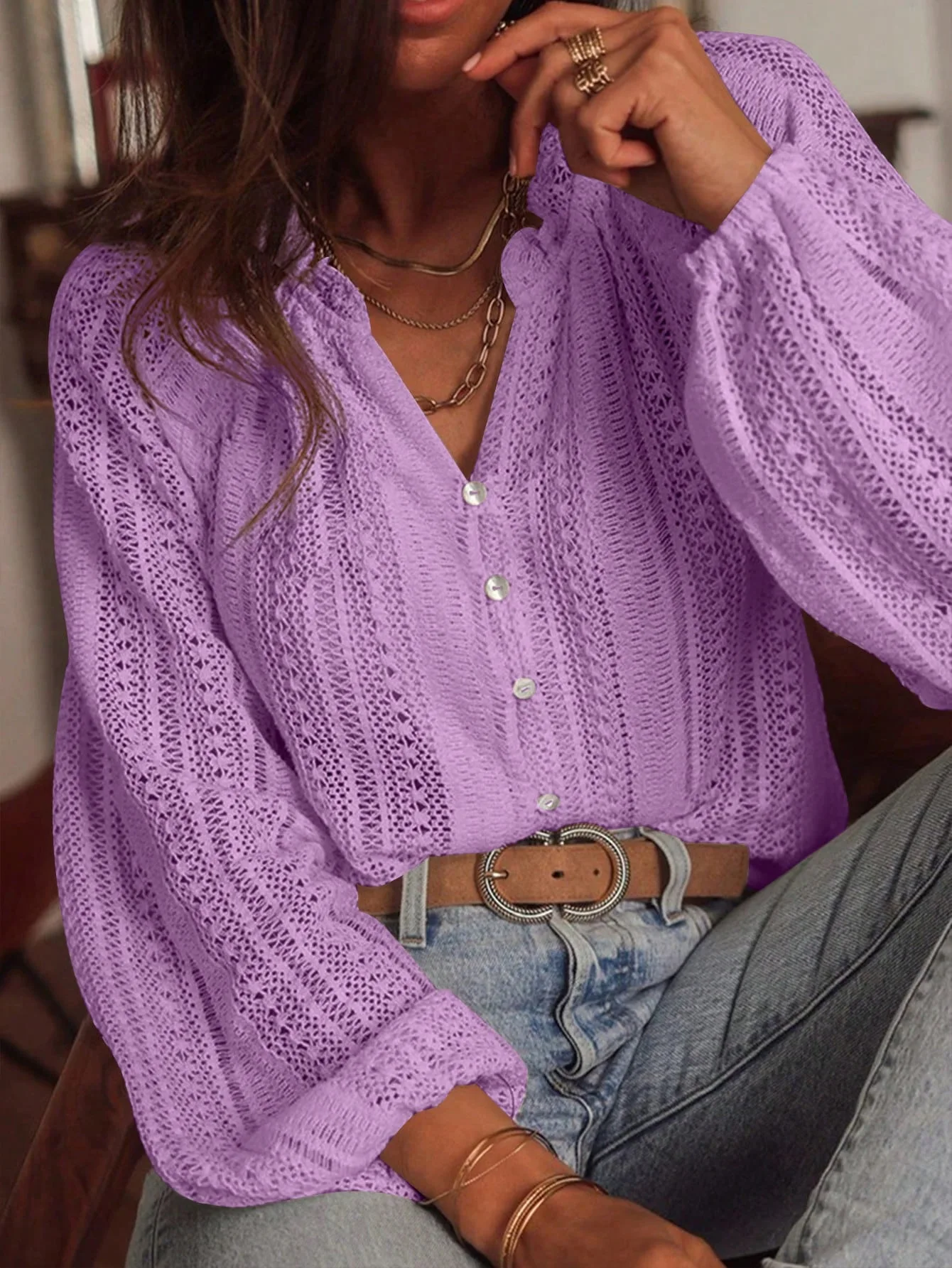 Spring And Autumn Loose Fashion Simple All-Match Hollow Lace V-neck - Image 10