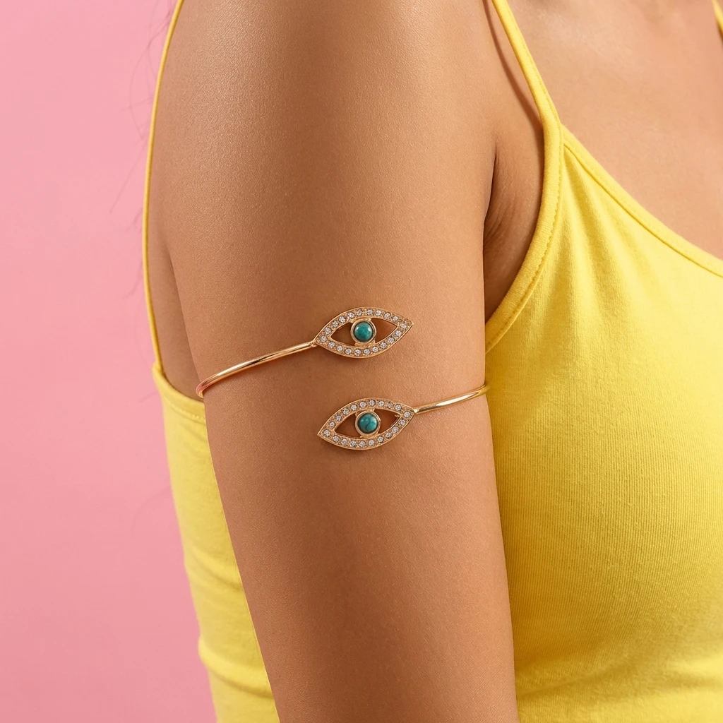 Turquoise Diamond-Encrusted Evil Eye Arm Cuff - Image 2