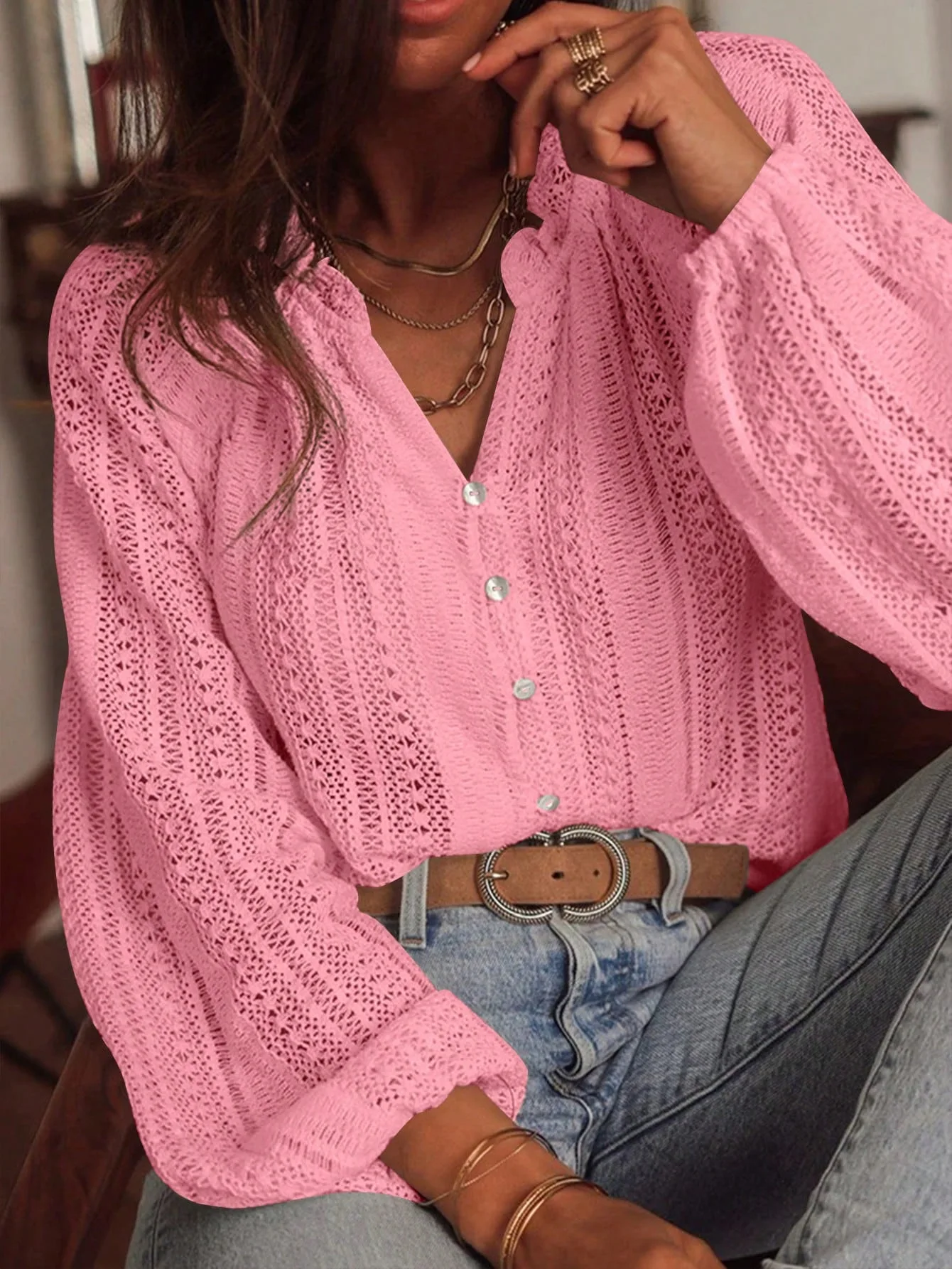 Spring And Autumn Loose Fashion Simple All-Match Hollow Lace V-neck - Image 11