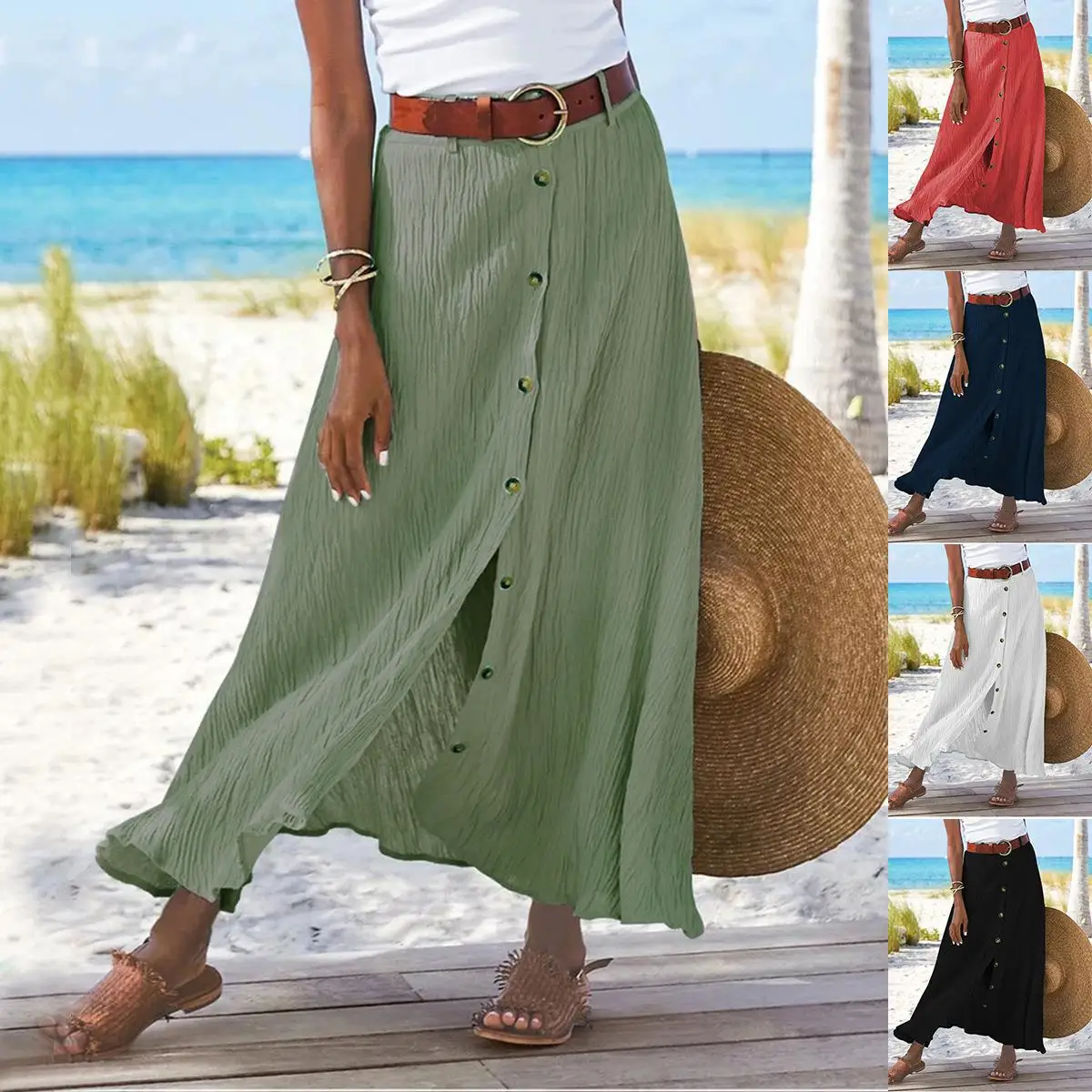 Casual Cotton And Linen Solid Color Buttons Skirt Split A- Line Hip Waist Long Skirt - Image 2