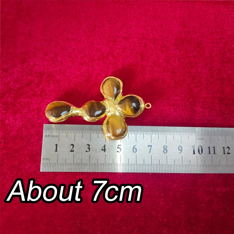 Tigers Eye Cross Pendant Necklace Vintage Jewelry 18K Gold-Plated Chain Natural Cats Eye Stone - Image 2