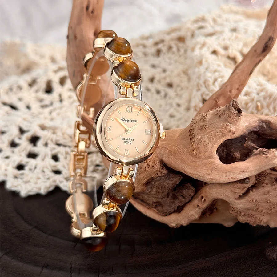 Gold-Hued Women's Watch Featuring Tiger's Eye and Chalcedony Gem Accents - Image 3