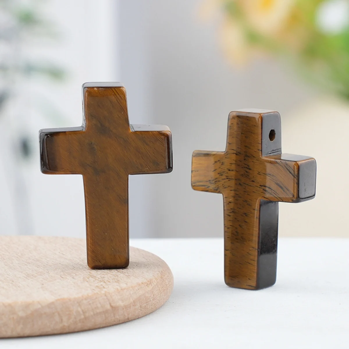 Yellow Tiger Eye 22x30mm Cross Shaped Gemstone Pendant Necklace with Black Leather Rope - Image 6