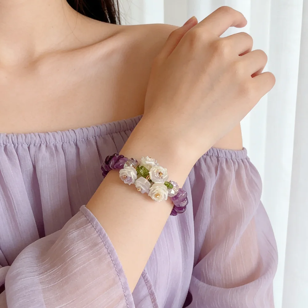 Natural Amethyst Rose Quartz Crystal Bracelet Healing Energy Irregular Crushed Stone Dainty Flower Charm - Image 2