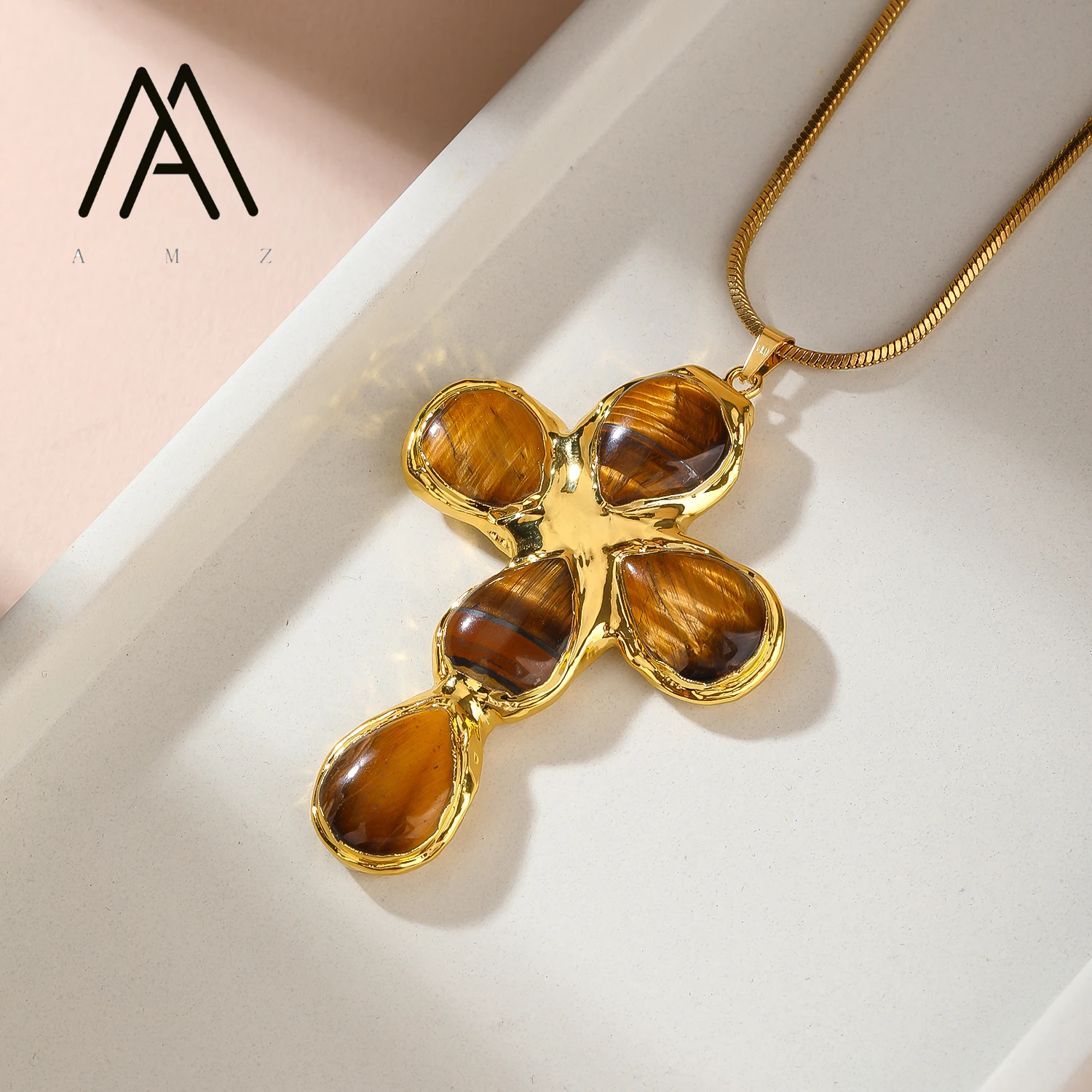 Tigers Eye Cross Pendant Necklace Vintage Jewelry 18K Gold-Plated Chain Natural Cats Eye Stone