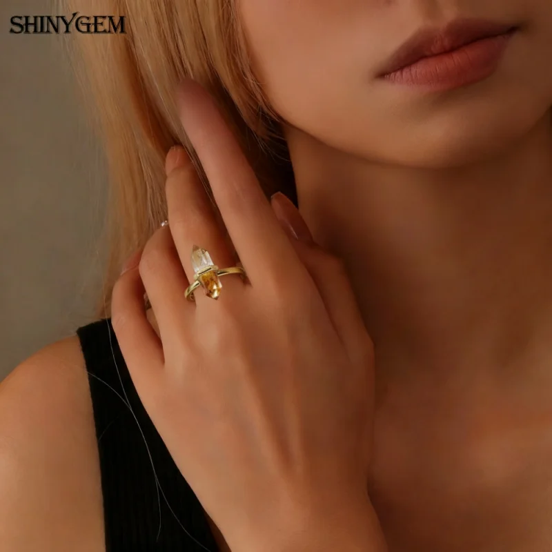 Natural Hexagonal Healing Amethyst Labradorite Rock Crystal Quartz Resizable 18K Gold Plated Ring - Image 2