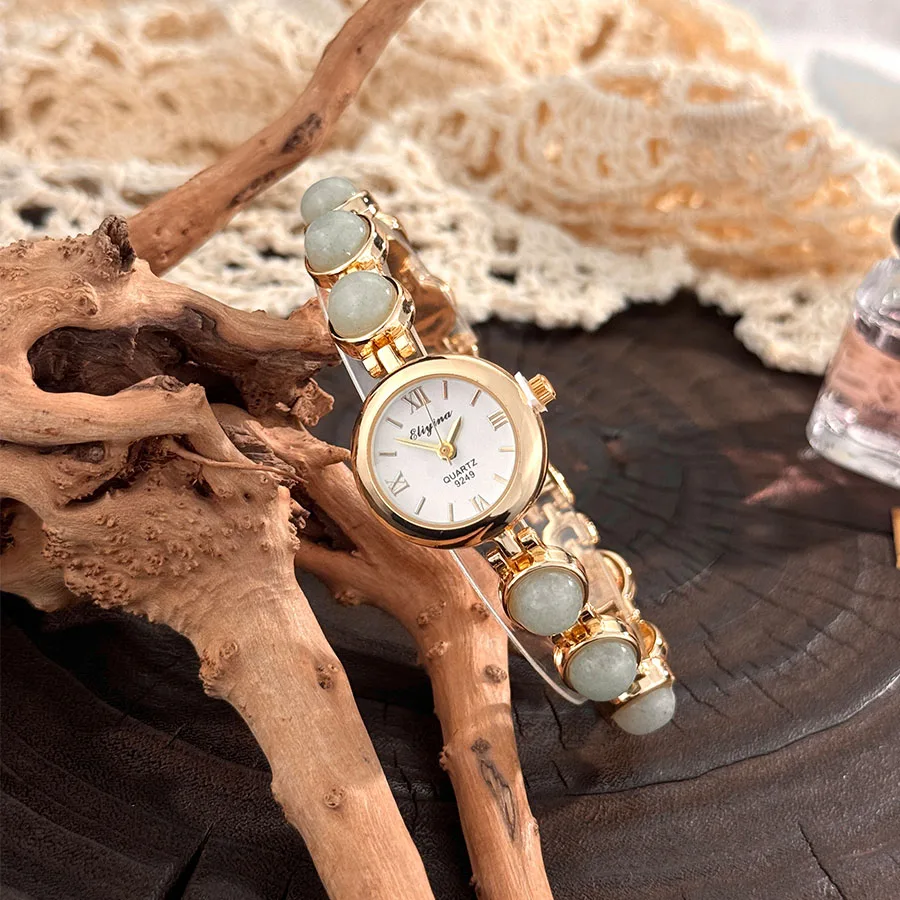 Gold-Hued Women's Watch Featuring Tiger's Eye and Chalcedony Gem Accents - Image 6