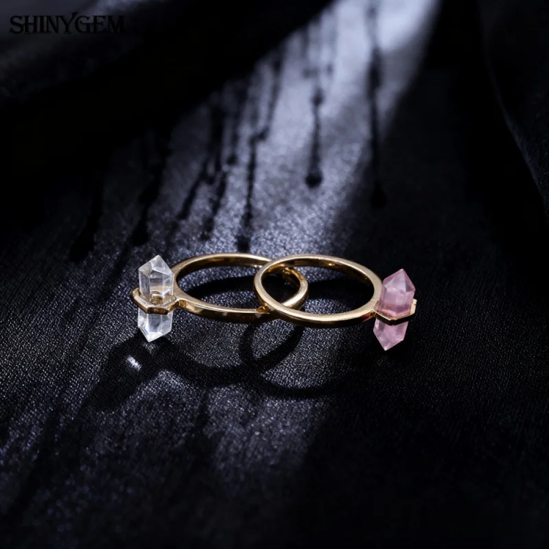 Natural Hexagonal Healing Amethyst Labradorite Rock Crystal Quartz Resizable 18K Gold Plated Ring - Image 6