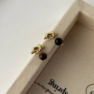 Tiger Eye Stone Knotted Round Bead Minimalist Earrings
