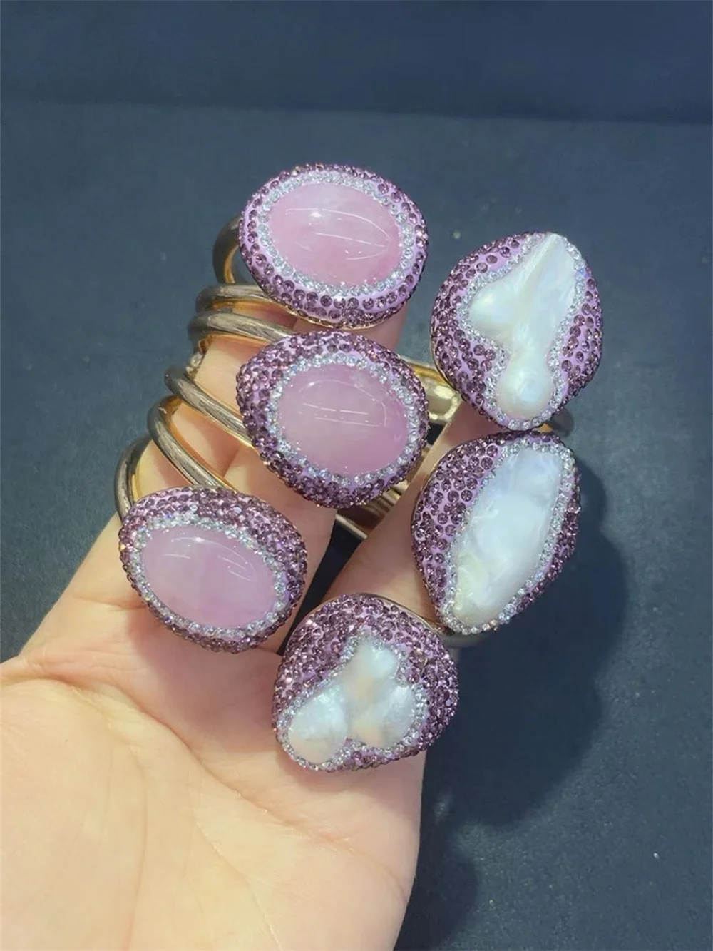Natural Baroque Pearl Bangle for Women Raw Pink Crystal with Rhinestone Golden Energy Bracelets Birthstone Party Gift Jewelry - Image 4