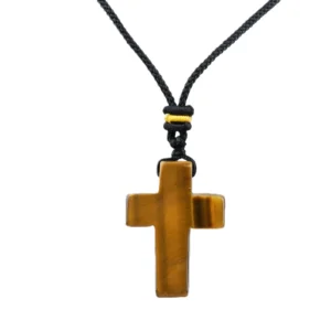 Yellow Tiger Eye 22x30mm Cross Shaped Gemstone Pendant Necklace with Black Leather Rope