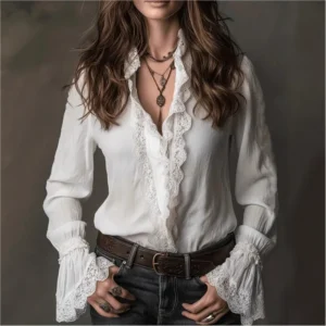 White Boho Blouse Long Sleeve Lace Trim V Neck Ruffled Flare Cuff