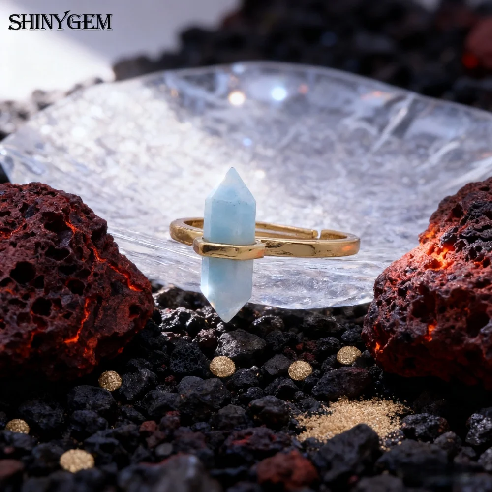 Natural Hexagonal Healing Amethyst Labradorite Rock Crystal Quartz Resizable 18K Gold Plated Ring - Image 11