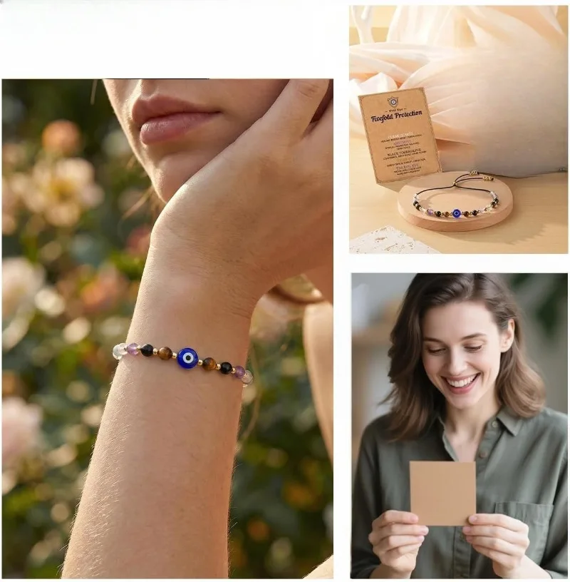 Evil Eye Dainty Natural Crystal Protection Bracelet 5 Healing Stones Clear Quartz Amethyst Tiger Eye Spiritual Guardian Jewelry - Image 5