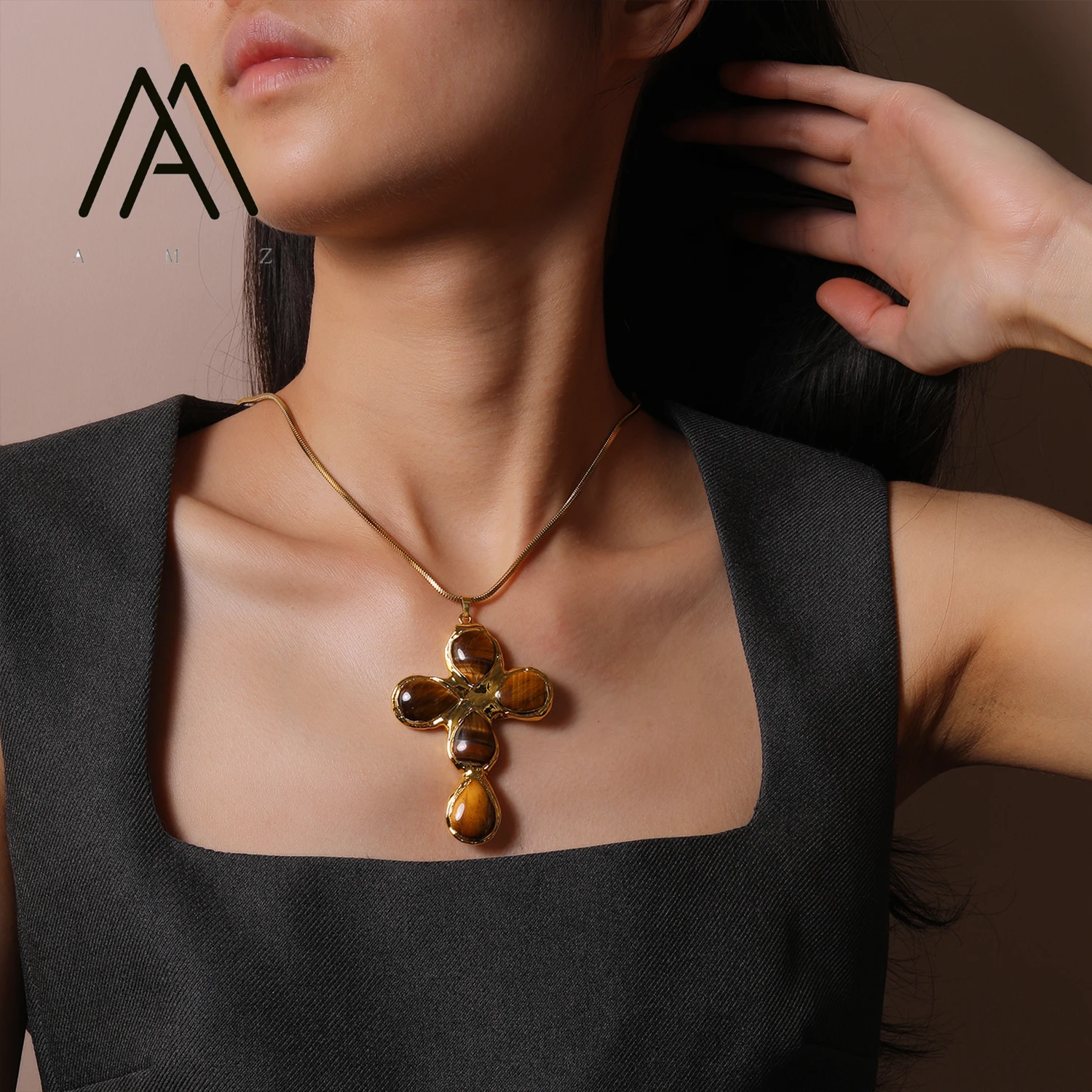 Tigers Eye Cross Pendant Necklace Vintage Jewelry 18K Gold-Plated Chain Natural Cats Eye Stone - Image 3