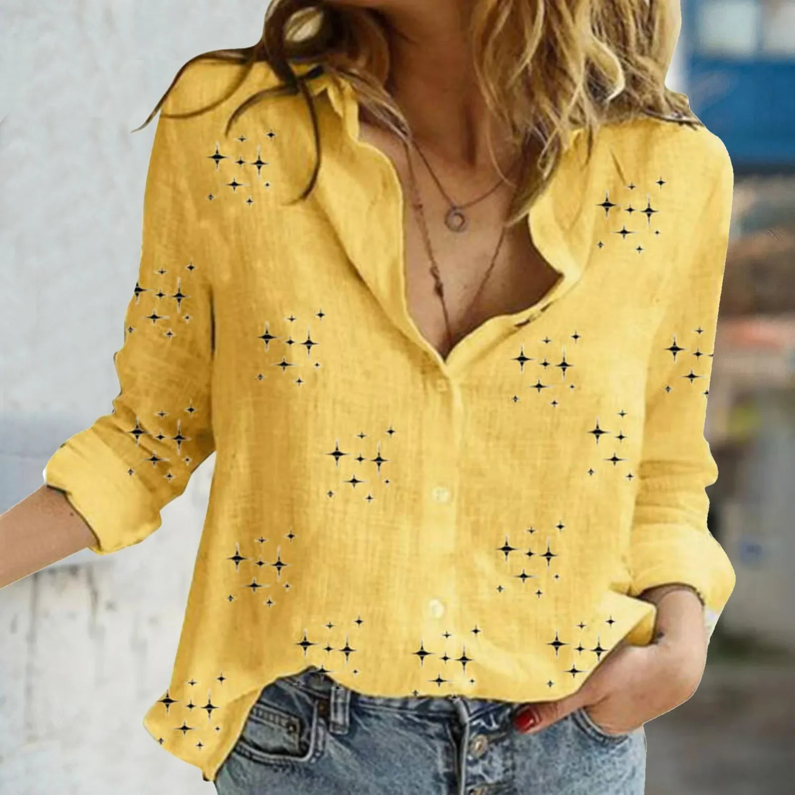 Long Sleeve Linen Tops Cotton Casual V Neck - Image 5