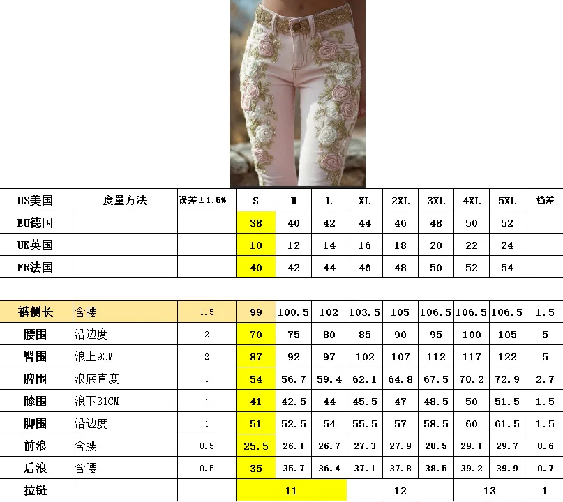 Retro Pink Rose embroidery art print jeans with elegant temperament - Image 4