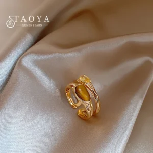 Tiger Eye Stone Gold Color Open Ring