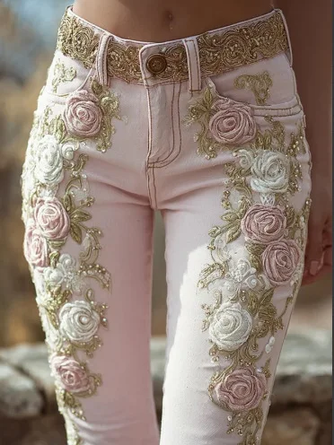 Retro Pink Rose embroidery art print jeans with elegant temperament - Image 5