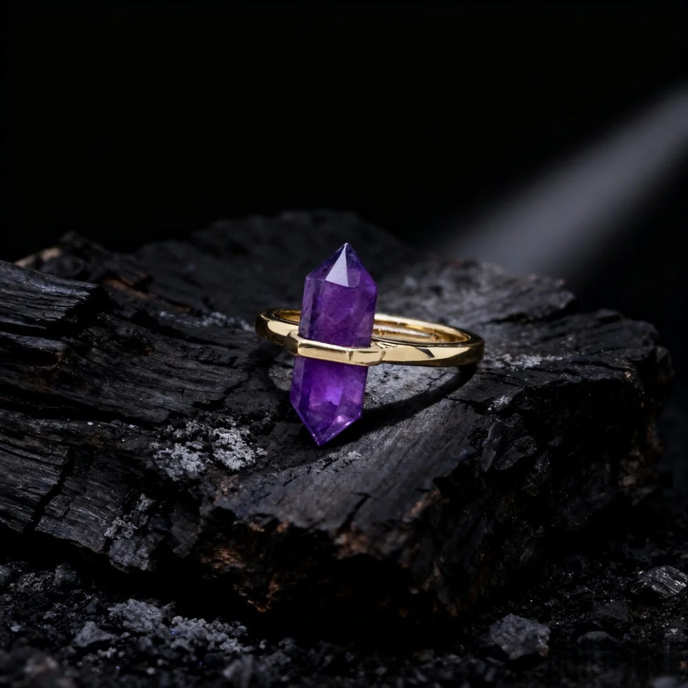 Natural Hexagonal Healing Amethyst Labradorite Rock Crystal Quartz Resizable 18K Gold Plated Ring - Image 19