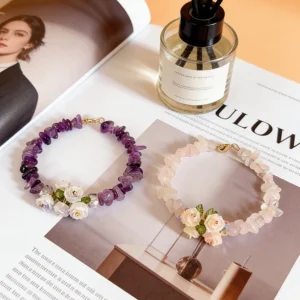 Natural Amethyst Rose Quartz Crystal Bracelet Healing Energy Irregular Crushed Stone Dainty  Flower Charm