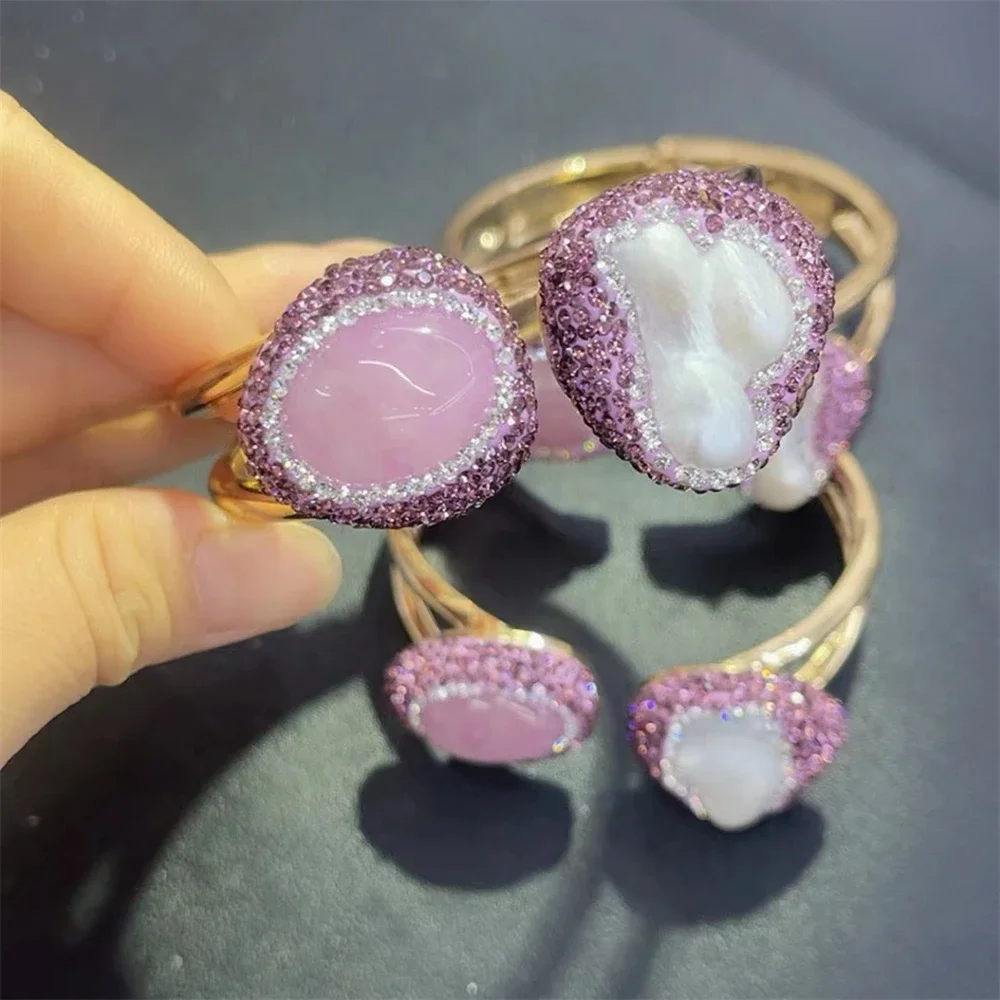 Natural Baroque Pearl Bangle for Women Raw Pink Crystal with Rhinestone Golden Energy Bracelets Birthstone Party Gift Jewelry