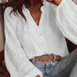 Spring And Autumn Loose Fashion Simple All-Match Hollow Lace V-neck