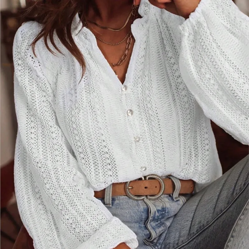Spring And Autumn Loose Fashion Simple All-Match Hollow Lace V-neck