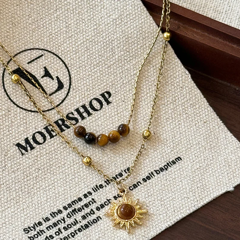 Tiger Eye Layered Necklace Gold-Tone Alloy, Natural Tiger Eye Beads, Sun Pendant - Image 6