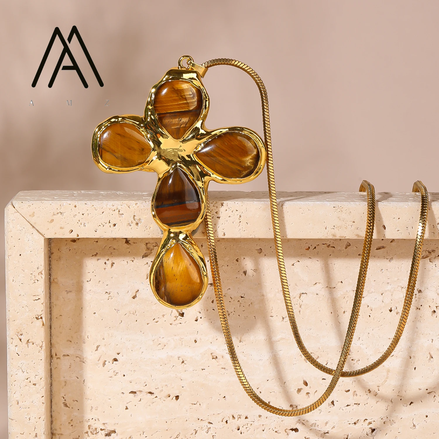Tigers Eye Cross Pendant Necklace Vintage Jewelry 18K Gold-Plated Chain Natural Cats Eye Stone - Image 5