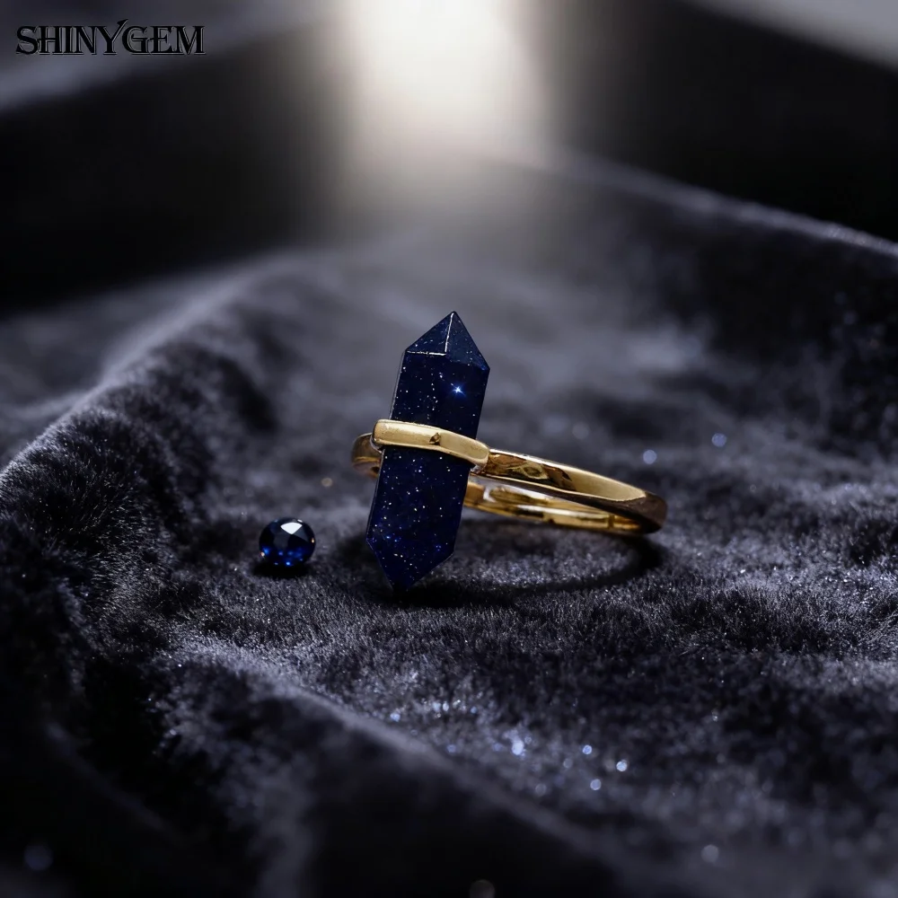 Natural Hexagonal Healing Amethyst Labradorite Rock Crystal Quartz Resizable 18K Gold Plated Ring - Image 9