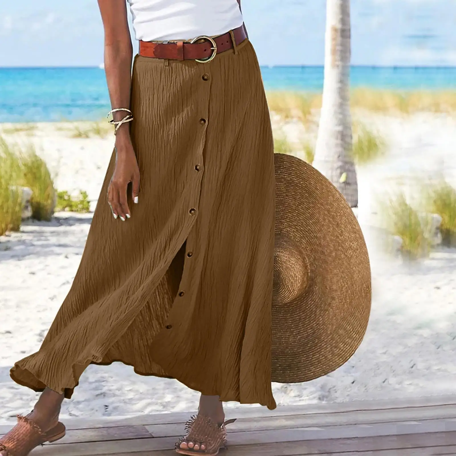Casual Cotton And Linen Solid Color Buttons Skirt Split A- Line Hip Waist Long Skirt - Image 6