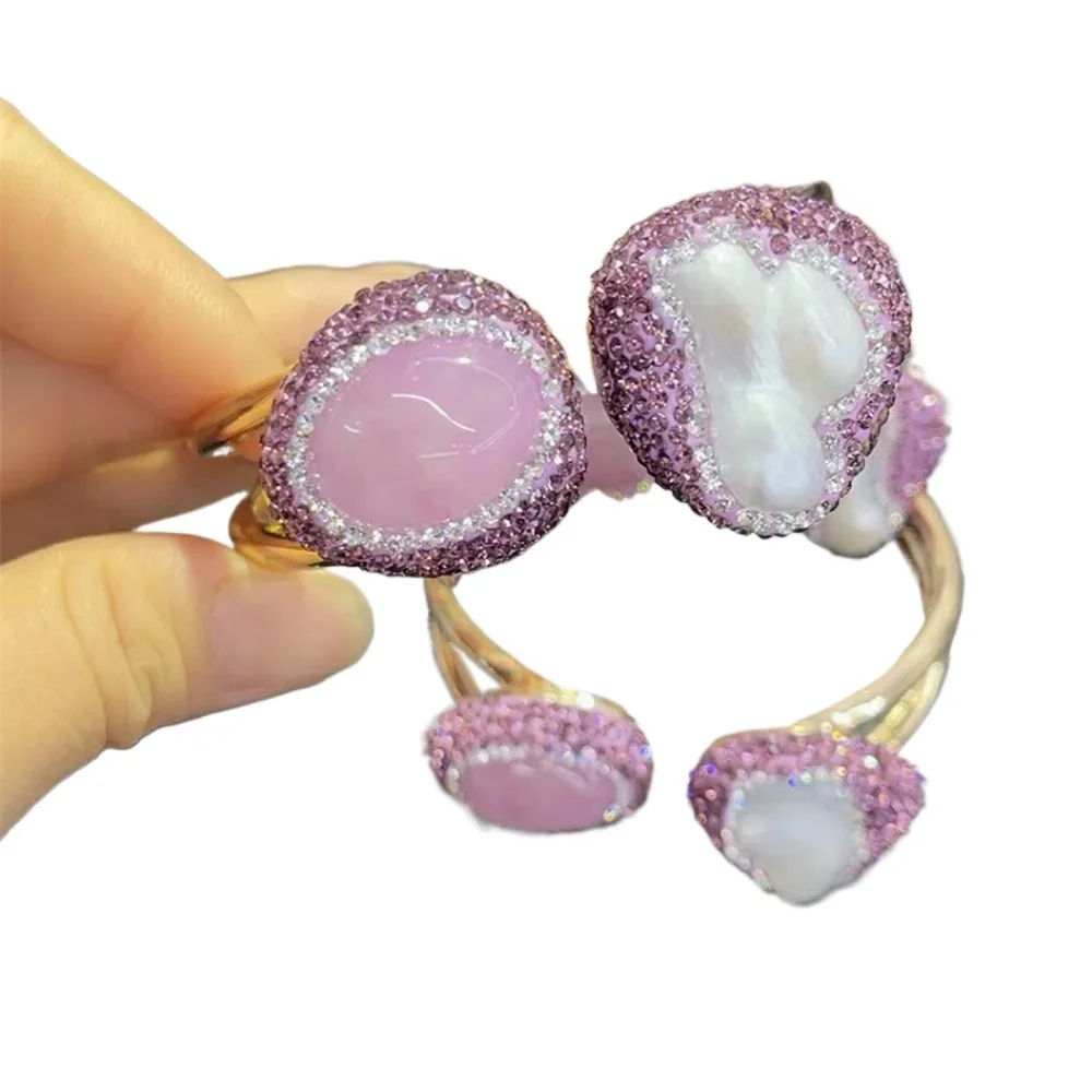 Natural Baroque Pearl Bangle for Women Raw Pink Crystal with Rhinestone Golden Energy Bracelets Birthstone Party Gift Jewelry - Image 5